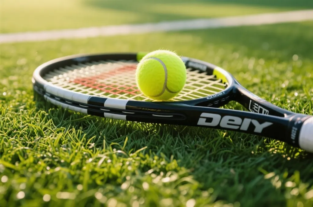 Close-up of a professional tennis racket resting on a green grass court with a yellow tennis ball under soft sunlight